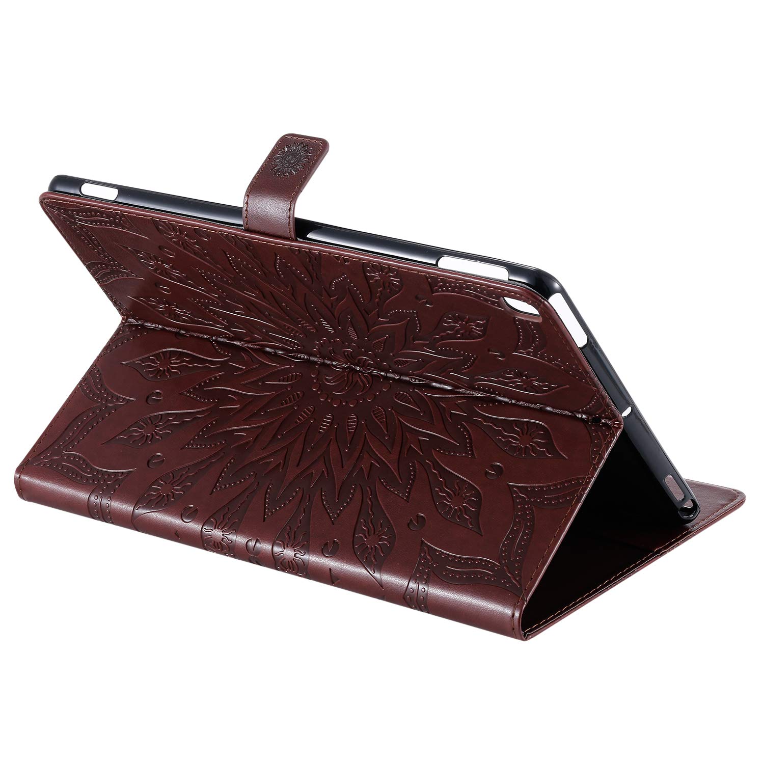 Premium PU Leather Folio Case for iPad 9th/7th/8th Generation - Sunflower Embossed Smart Cover with Auto Wake/Sleep, Card Slots & Money Pocket | Protective Wallet Stand for Work, Travel & Home Use (Brown)