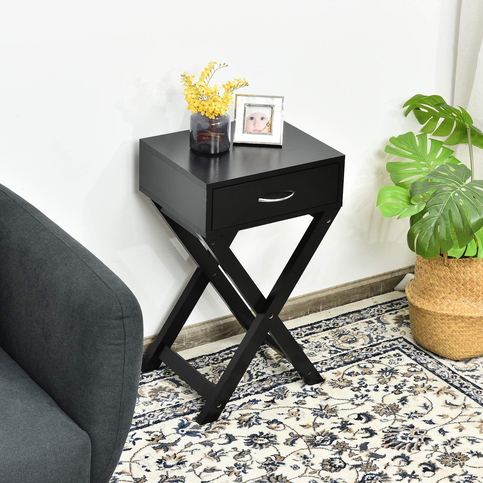 Giantex Black X-Shaped Nightstand with Drawer - Modern Accent End Table for Bedroom & Living Room - Perfect as Sofa Side Table, Nightstand or Bedside Table