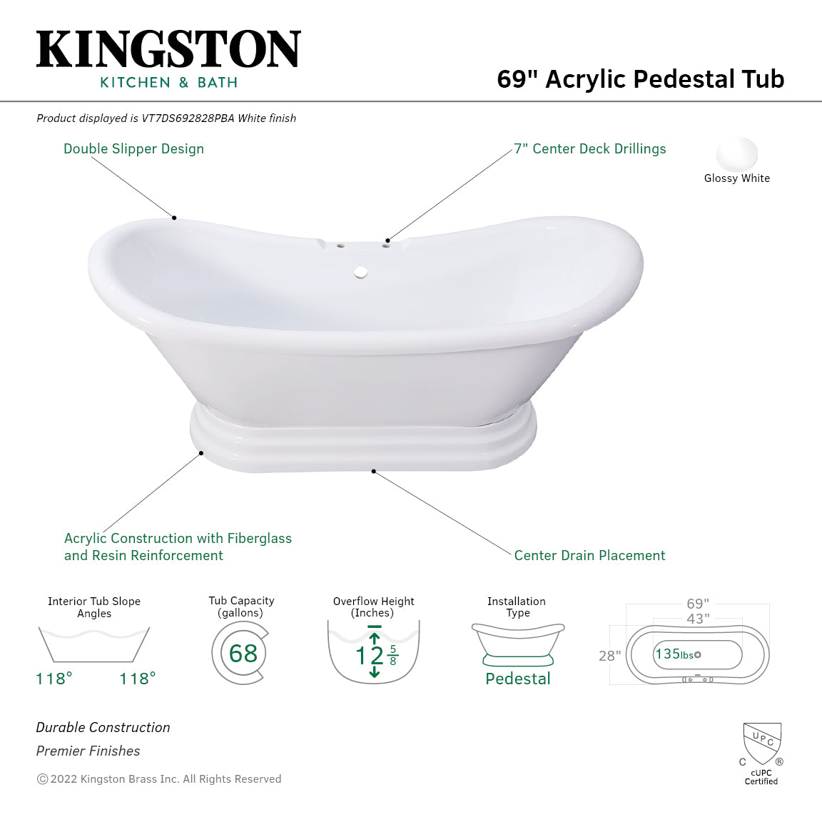 Aqua Eden 69 Inch Acrylic Oval Double Slipper Pedestal Bathtub with 7 Inch Faucet Drillings - Glossy White - Luxury Freestanding Soaking Tub for Spa-Like Bathroom Retreat