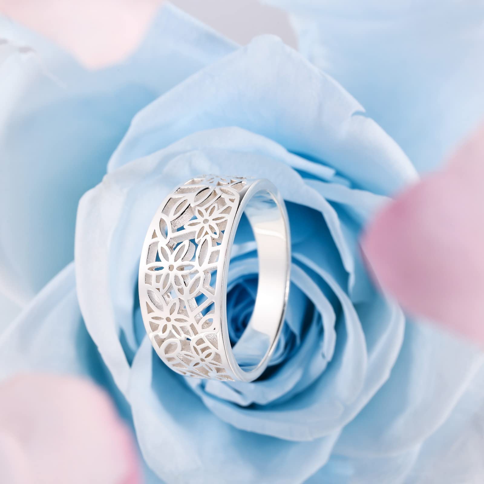925 Sterling Silver Floral Leaf Filigree Rings for Women - Elegant Flower Pattern Jewelry for Engagement, Wedding, Promise, Mother's Day, Valentine's Day - Perfect Gift for Her, Sister, Wife, Girlfriend - Size 4-12 - Ideal for Romantic Occasions, Anniversaries & Special Celebrations