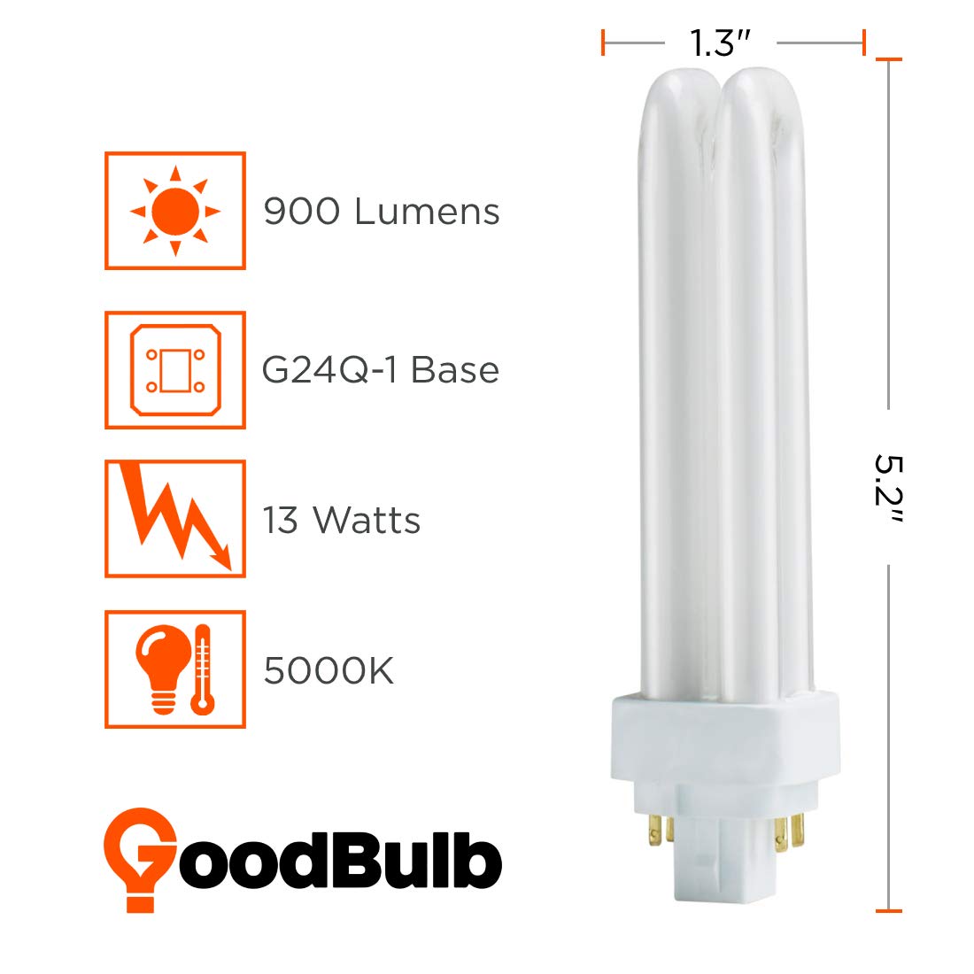 GoodBulb 13W CFL Light Bulbs - 4 Pin G24Q-1 Base, 5000K Daylight, 900 Lumens High Output, Double Tube Compact Fluorescent Plug-in Bulbs (10 Pack) - Perfect for Car Dealerships, Retail Stores & Office Lighting