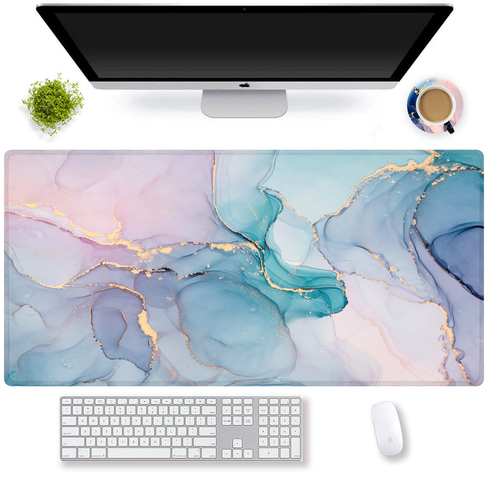 Large Extended Gaming Mouse Pad with Non-Slip Base - XXL Keyboard & Mouse Mat for PC, Laptop, Home Office & Gaming - Waterproof Desk Pad (Marble Design) - Perfect for Esports, Work & Study