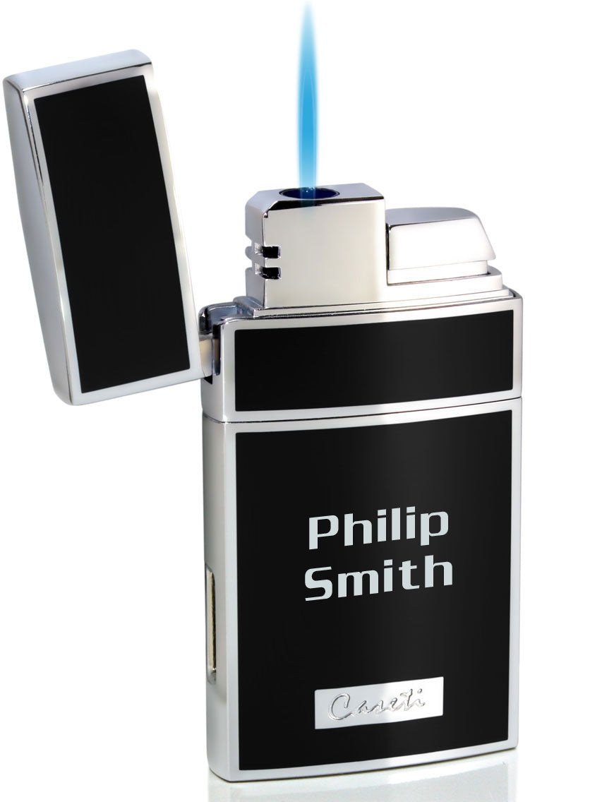 Premium Caseti Troy Black Lacquer Single Flame Torch Lighter - Windproof Refillable Butane Lighter for Cigars, Candles & Outdoor Use