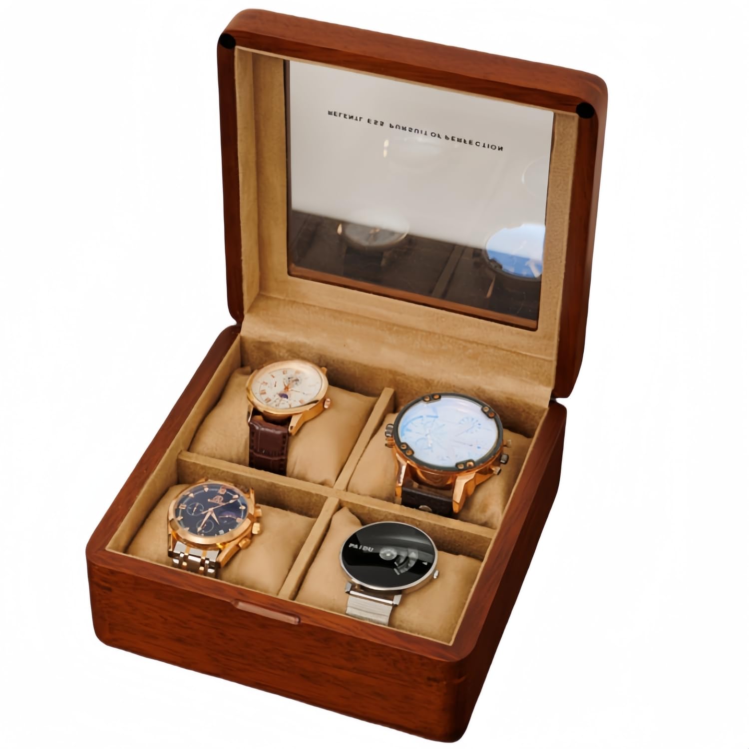 Premium 4-Slot Wooden Watch Box with Glass Lid - Luxury Watch Storage Organizer & Travel Case for Men - Perfect for Display, Gifts, and Travel Accessories