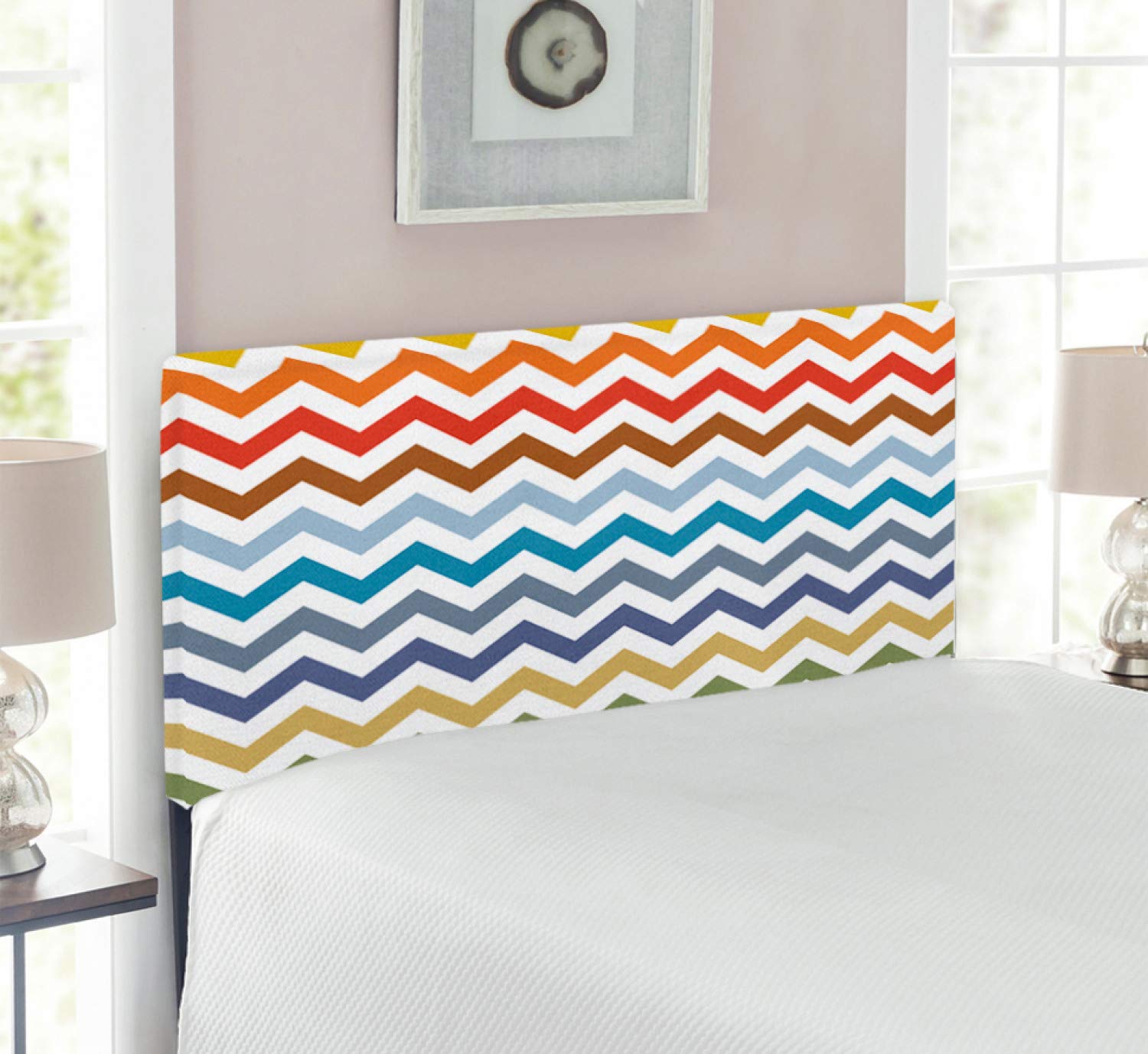 Ambesonne Chevron Headboard - Colorful Retro Zigzag Design Upholstered with Memory Foam, Twin Size Multicolor Metal Bed Headboard | Easter Decor, Bohemian Bedroom, Dorm Room Upgrade