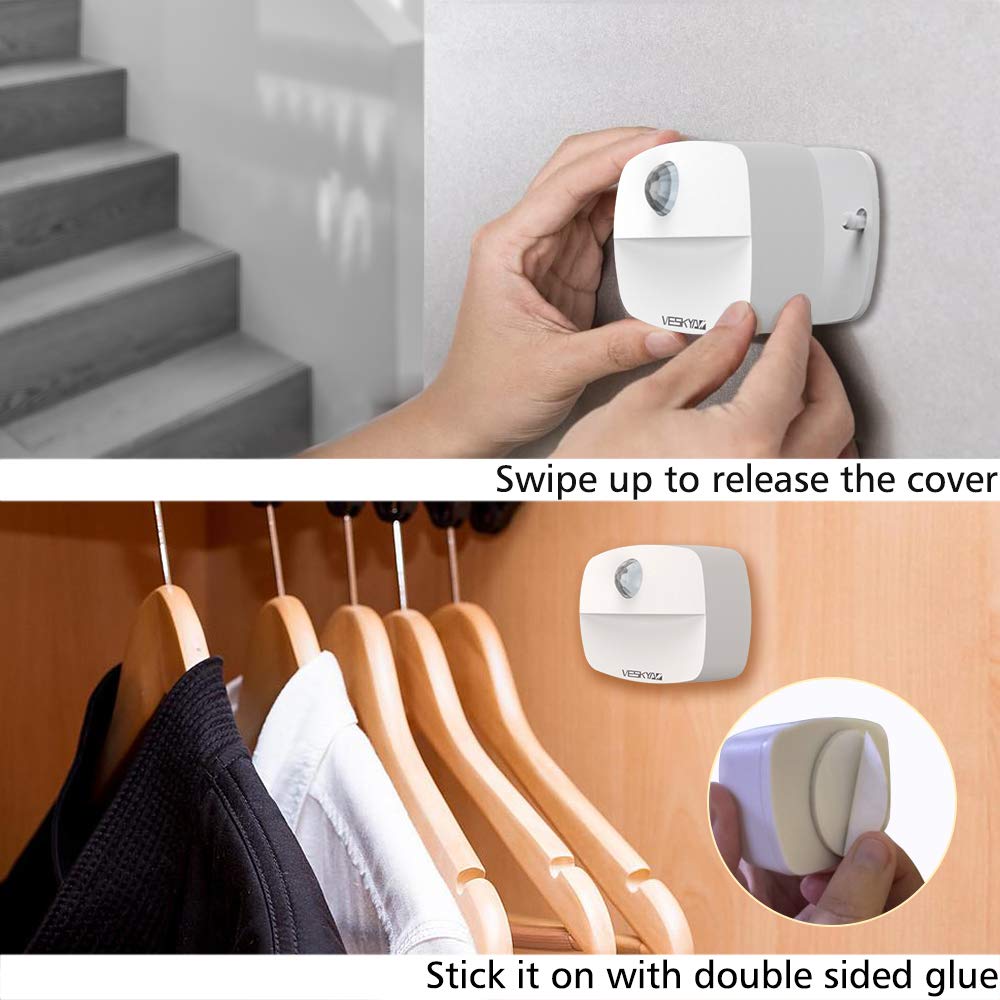 VESKYAO 3 Pack Motion Activated Night Lights - Battery Powered LED Stair Lights with Adhesive Pads, Warm White Sensor Light for Closet, Cabinet, Hallway, Bathroom & Bedroom - Perfect for Nighttime Safety & Convenience