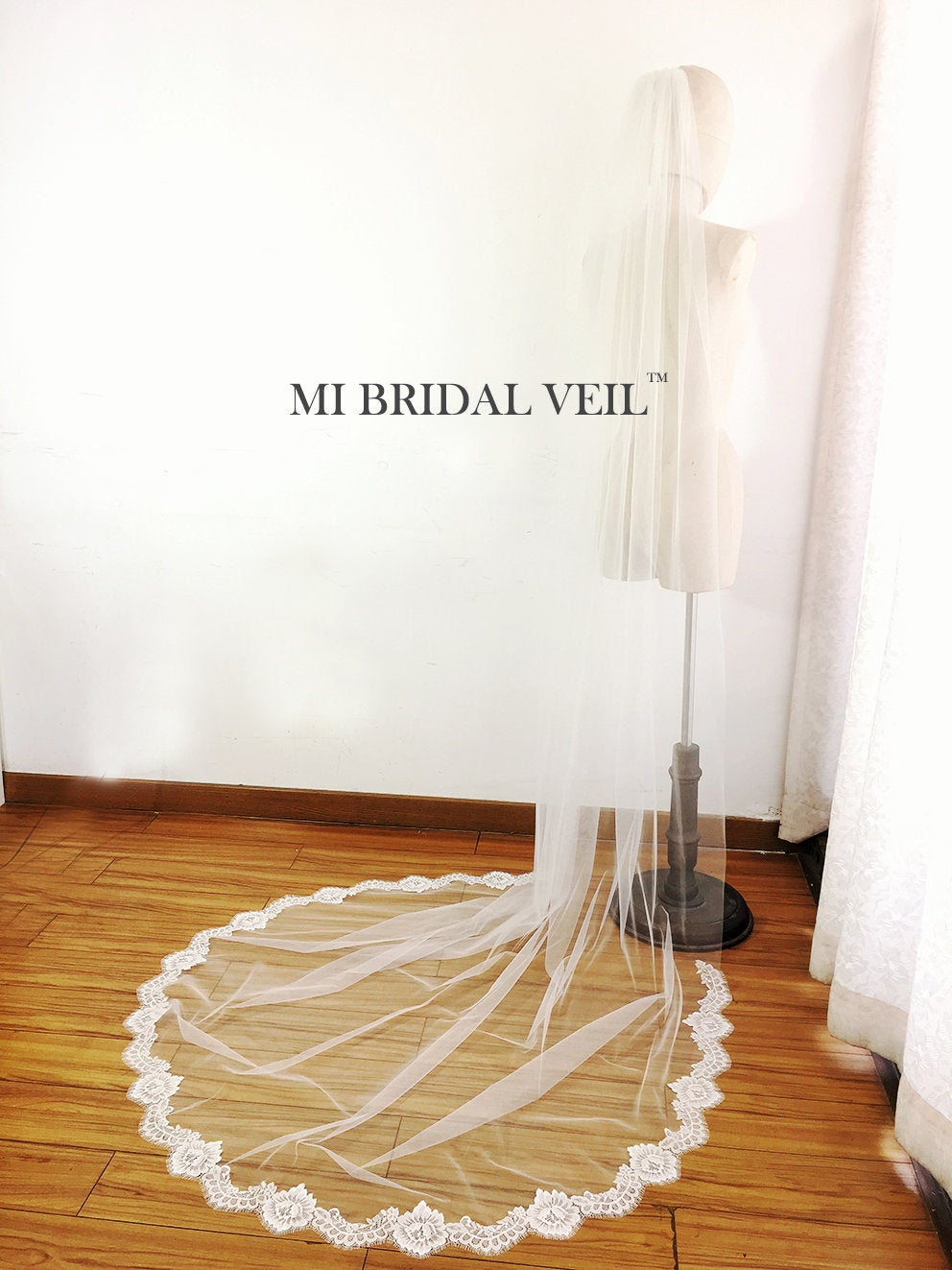 Chapel Length Wedding Veil with Eyelash Chantilly Rose Lace Trim - Elegant Bridal Veil for Weddings, Church Ceremonies & Romantic Photos