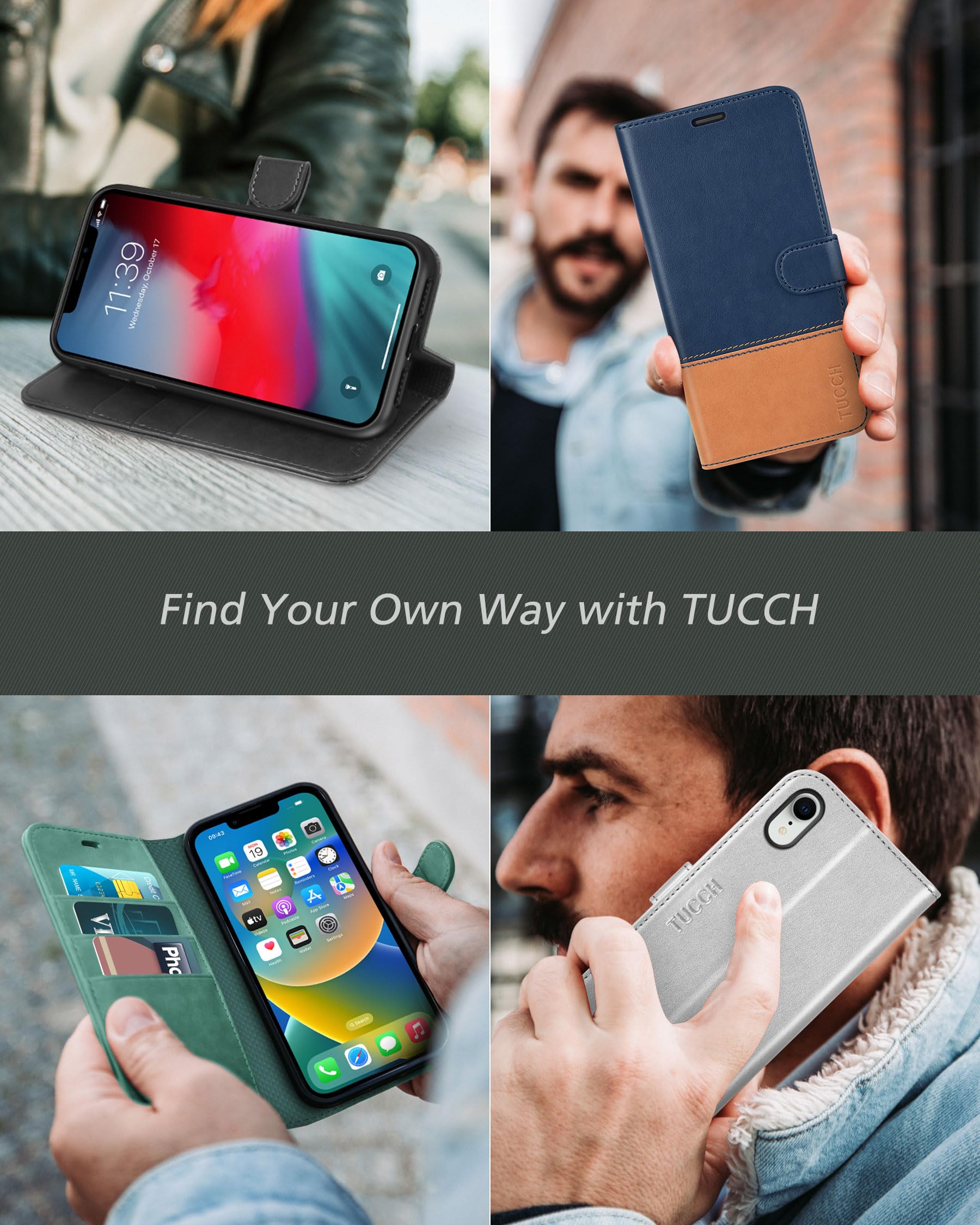 TUCCH RFID Blocking PU Leather Wallet Case for iPhone XR - Slim Flip Cover with Card Slots & Stand Holder | Wireless Charging Compatible | TPU Protective Shell | Perfect for iPhone XR 6.1 (Dark Blue) | Ideal for Travel, Work & Everyday Use