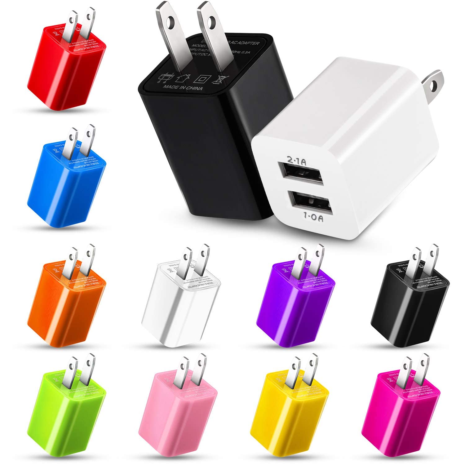 12-Pack Dual Port USB Wall Charger - 2.1A Fast Charging Cube Adapter Plug for iPhone, Samsung, iPad & More | Multiple Colors | Home, Office, Travel Charging Solution
