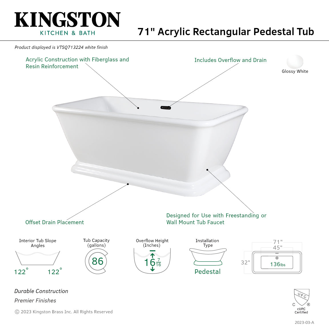 Aqua Eden 71 Inch Acrylic Oval Rectangular Double Ended Pedestal Bathtub - Glossy White Freestanding Soaking Tub with Drain (No Faucet Holes) - Perfect for Modern Bathrooms, Spa Retreats & Luxury Home Renovations