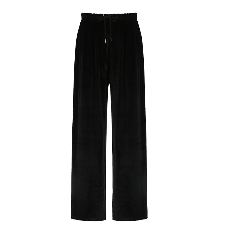 Black Velvet Wide Leg Drawstring Pants for Women - Y2K Casual Baggy Trousers for Autumn & Winter | Lounge Wear, Street Style, Party Outfits