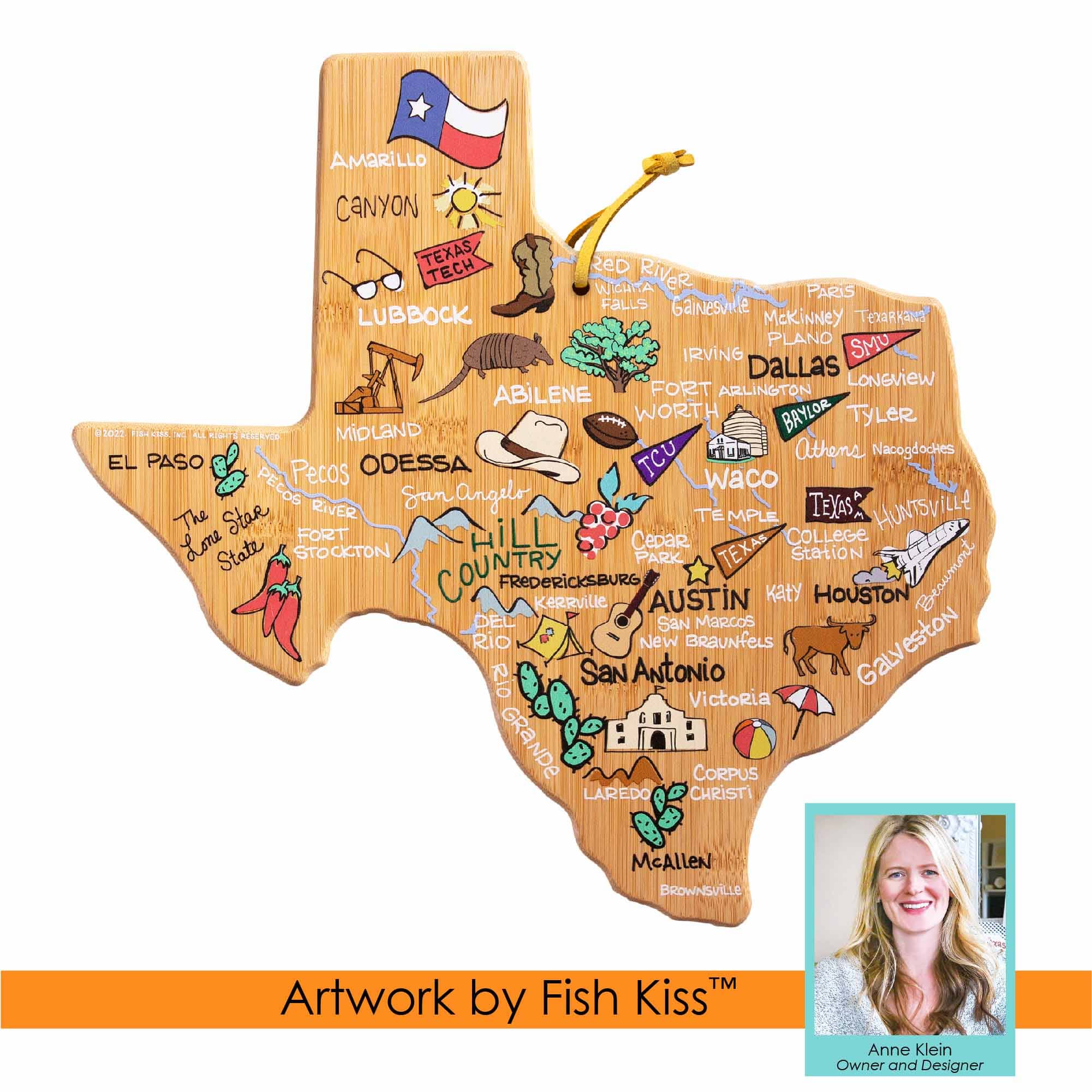 Texas Shaped Wooden Cutting Board with Handcrafted Fish Kiss™ Artwork - Perfect for Kitchen Decor, Gift Giving, and Serving Charcuterie