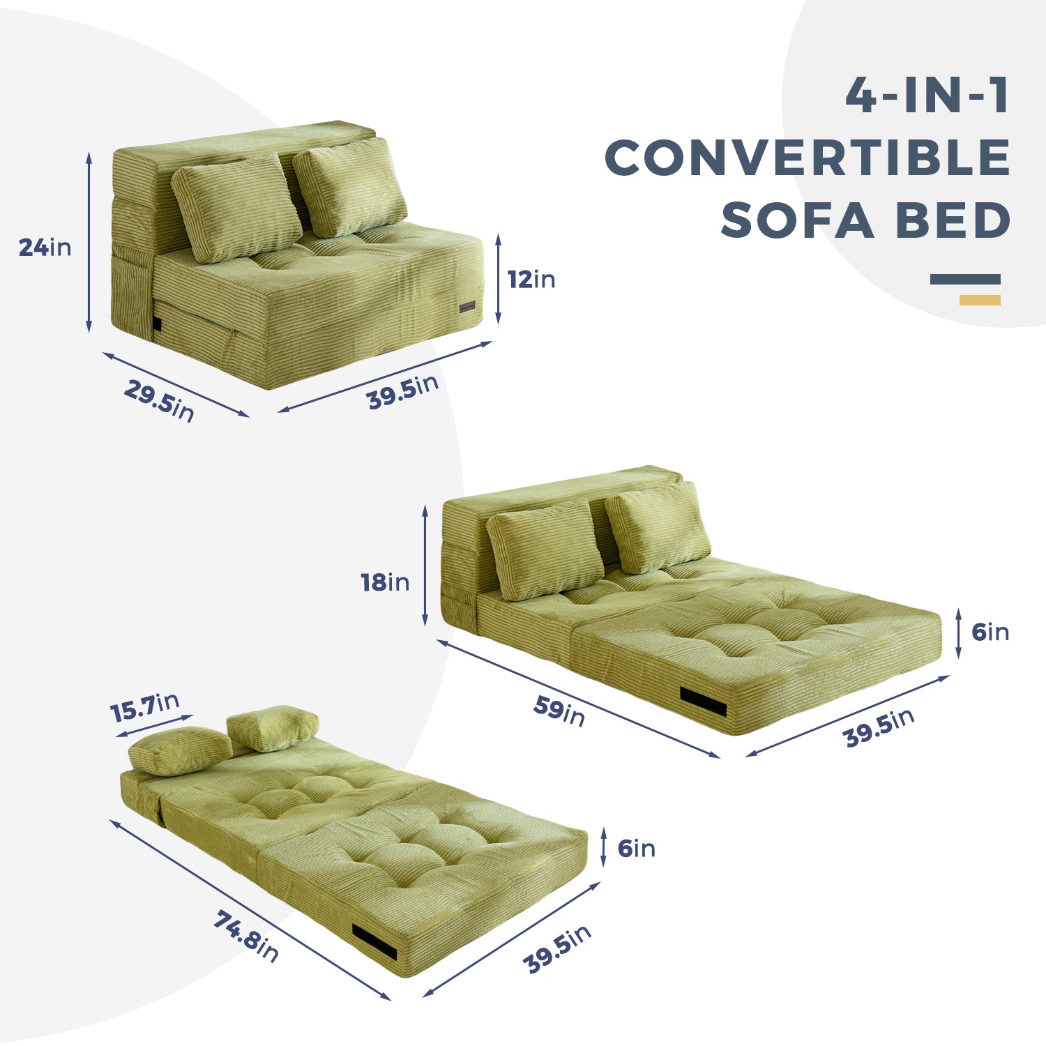 MAXYOYO 4-in-1 Folding Sofa Bed with Pillow - Tufted Sleeper Chair for Living Room, Guest Room & Small Spaces, Convertible Futon for Lounge, Nap & Overnight Guests, Green