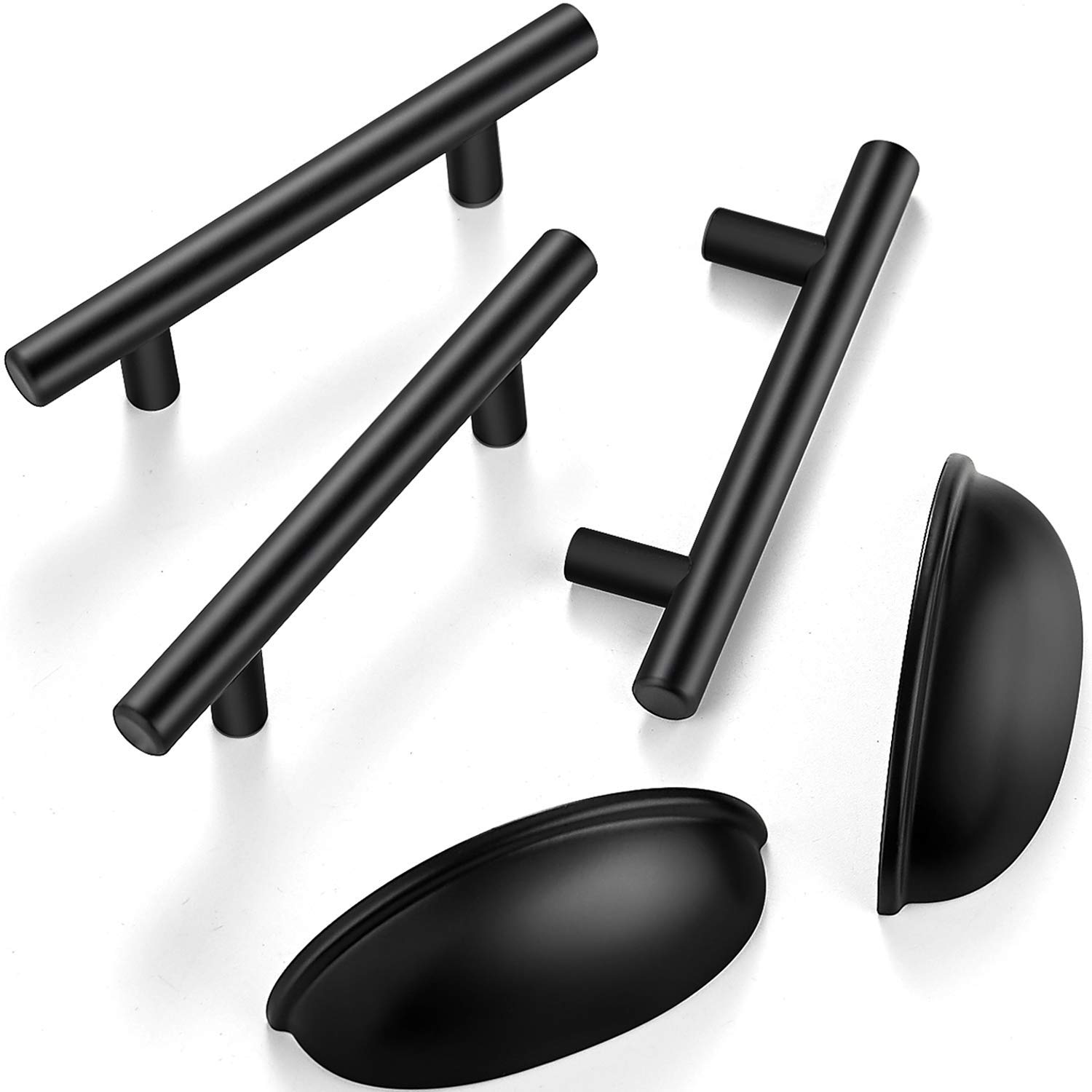 Ravinte 25-Pack 5 Inch Matte Black Cabinet Pulls & 10-Pack 3 Inch Flat Black Cabinet Cup Pulls - Modern Kitchen & Bathroom Hardware for Drawers and Cabinets