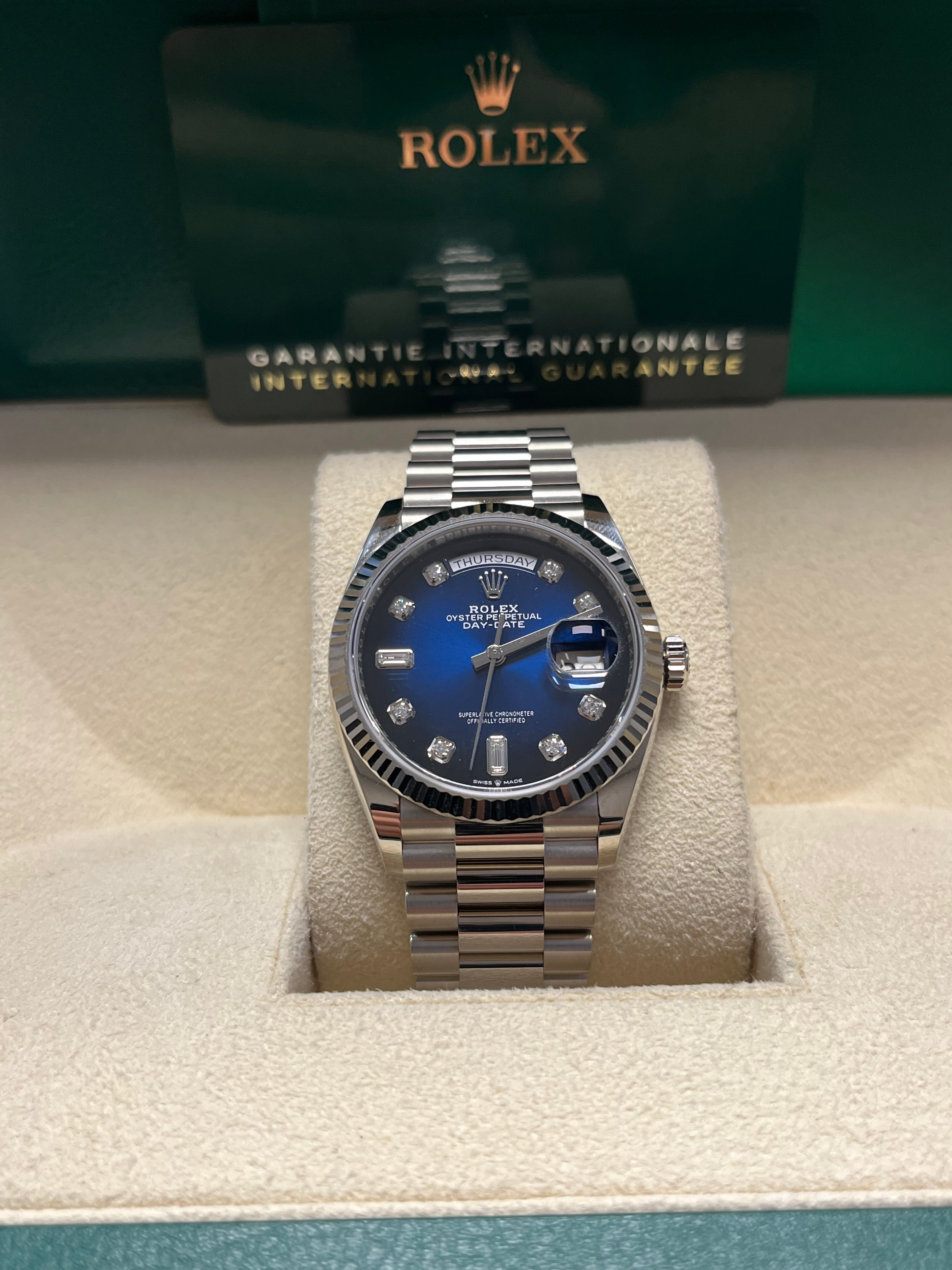 Rolex Day-Date 36 White Gold Watch with Fluted Bezel & Blue Ombre Diamond Dial - President Bracelet (Ref #128239) | Luxury Dress Watch for Business & Formal Occasions
