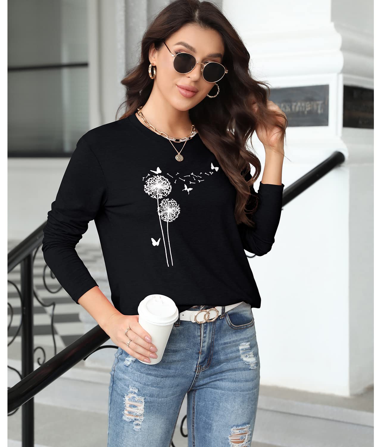 Women's Floral Graphic T-Shirt - Long Sleeve Cotton Tunic Top for Fall | Casual Outfit, Layering Essential & Autumn Fashion Staple
