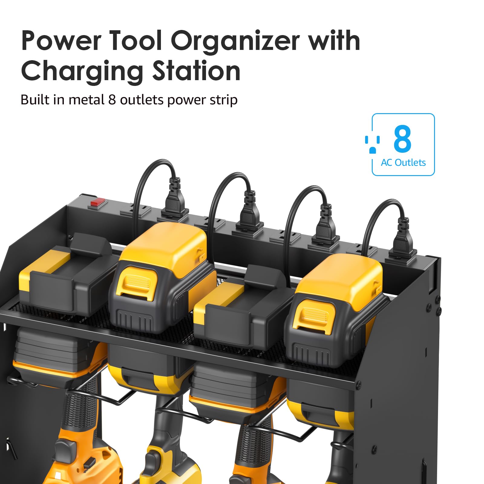 CCCEI 39-Inch Large Black Wall-Mounted Power Tool Organizer with 10FT Power Strip - 8 Drill Battery Holder & Garage Storage Rack for Pegboard Hanging - Perfect for Workshop, Garage, and DIY Tool Organization