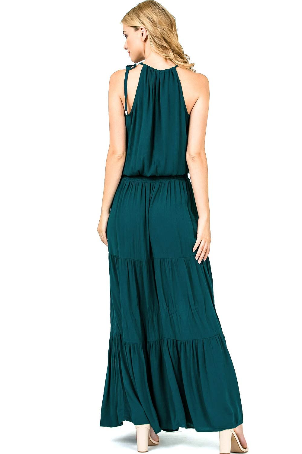 LoveStitch Women's High Neck Halter Smocked Waist Maxi Dress - Elegant Summer Beach Wedding Party Wear for Women