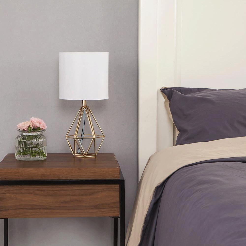Modern Gold Hollow Out Base Bedside Table Lamp with Geometric Metal Base & White Fabric Shade - Elegant Nightstand Lamp for Bedroom, Kids Room & Living Room - Perfect for Reading, Decor & Ambient Lighting