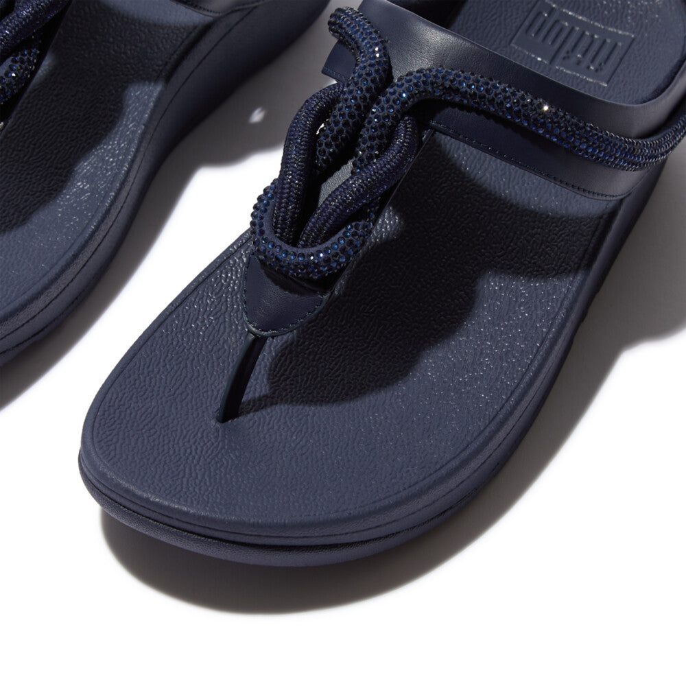 FitFlop Fino Crystal Cord Leather Sandals for Women - Comfortable Orthopedic Flip Flops with Arch Support | Midnight Navy Blue | Perfect for Beach, Travel & Everyday Wear