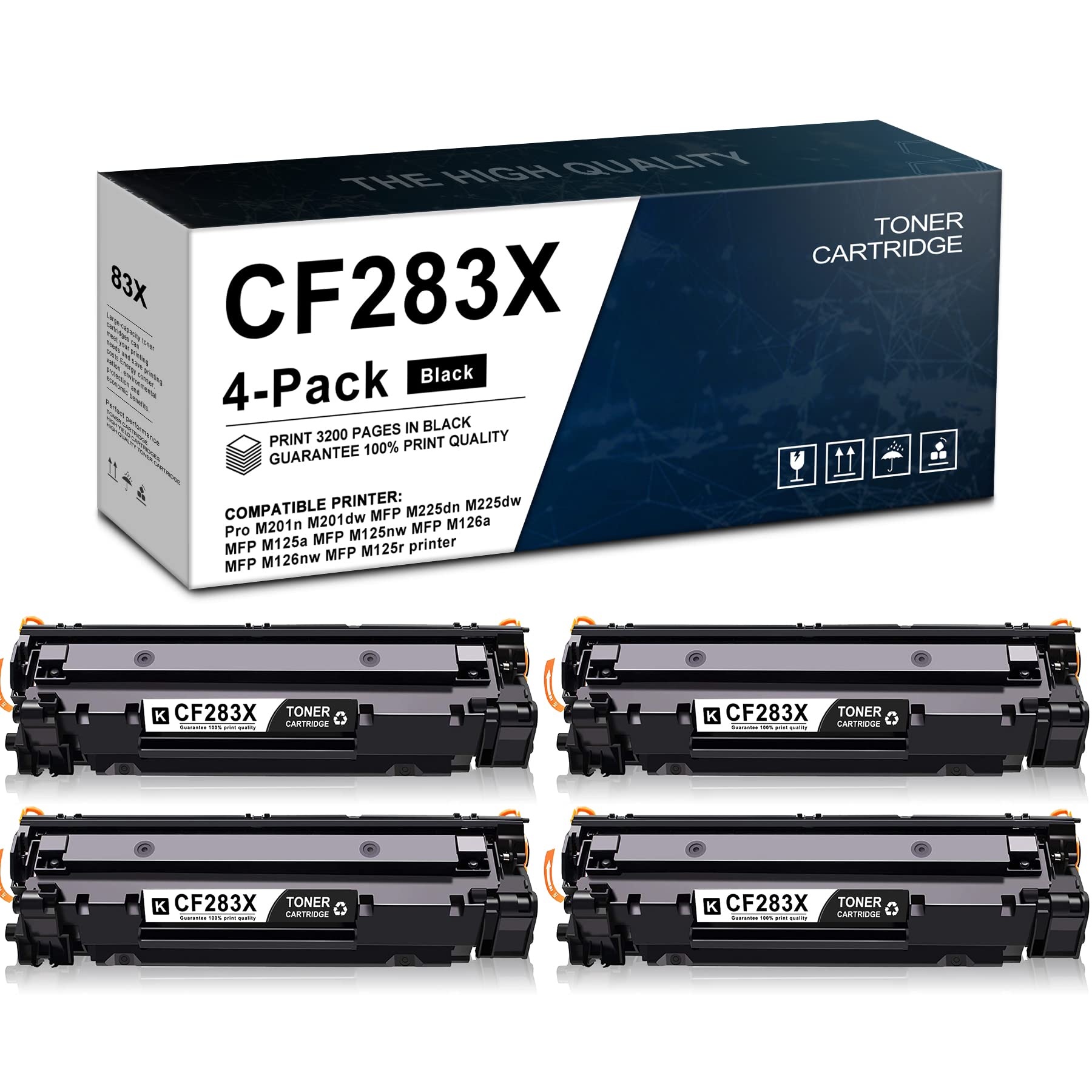 4 Pack Black CF283X Toner Cartridge Replacement - Compatible for HP M201n MFP M225dn M126a M126nw M125r M128fp M128fw M125-M126 M225-M226 PCL6 Printers | High-Yield Printing for Office & Home Use | Sold by POTONER