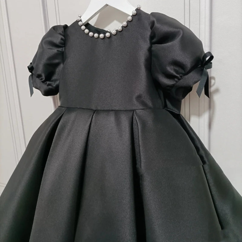 Elegant Black Puff Sleeve Baby Girl Dress - Toddler Formal Party Dress for Birthday, Photoshoot & Special Occasions