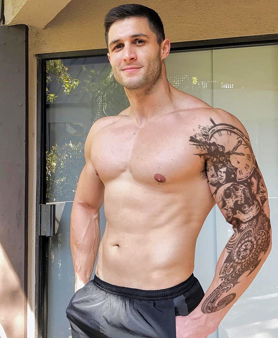 Realistic Temporary Tattoo Sleeve - Polynesian Death Skull & Tribal Clock Design for Men, Women & Kids - Waterproof Fake Arm Tattoo Stickers for Parties, Halloween & Cosplay