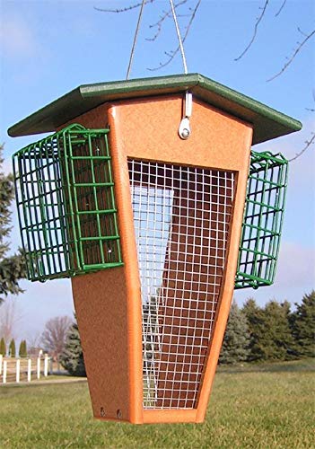 Amish Poly Split Peanut Bird Feeder with Suet Cages - Durable Outdoor Bird Feeder for Wild Birds (Turf Green & Bright Cedar) - Perfect for Backyard, Garden, and Patio Bird Watching