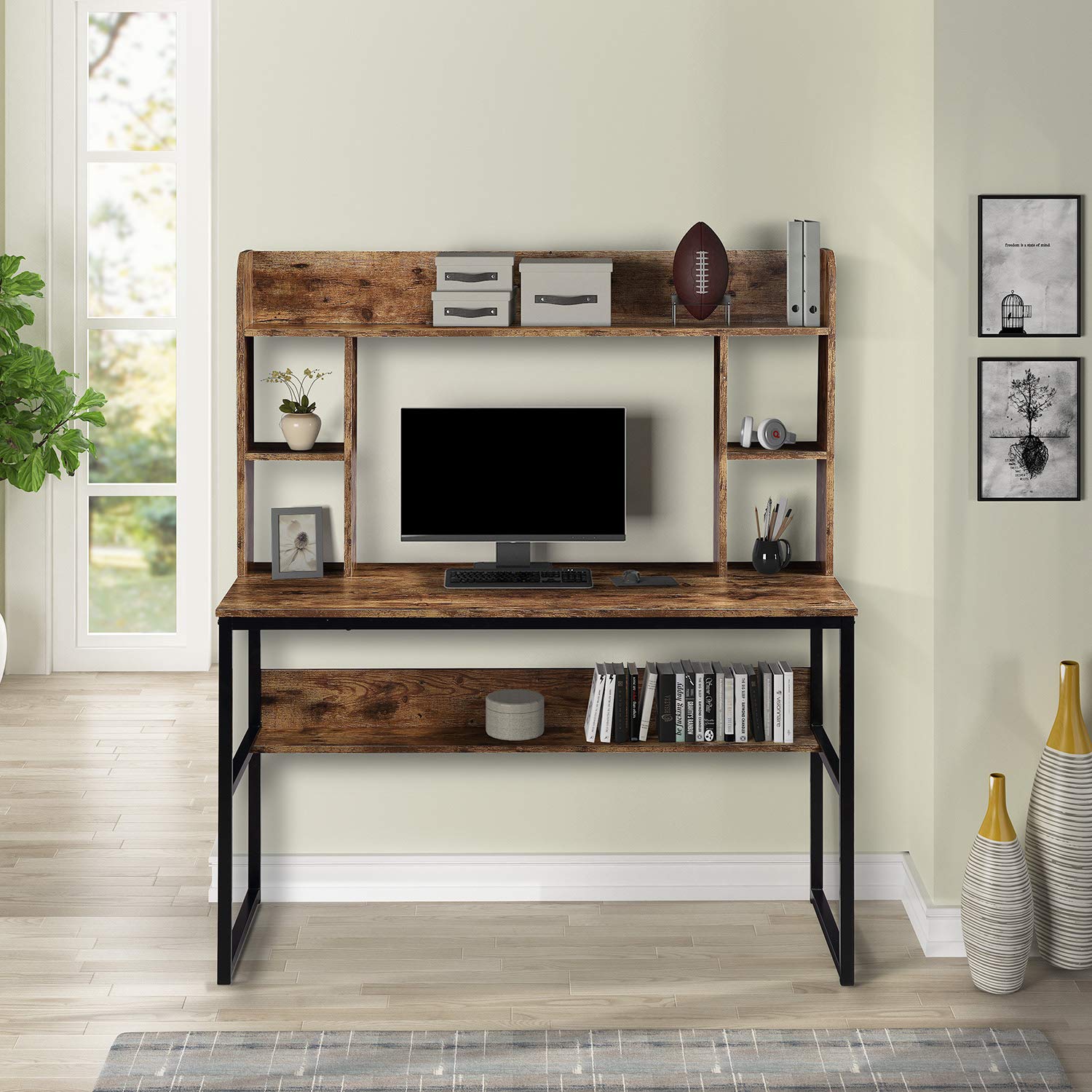 Beyamis 47 Inch Rustic Home Office Computer Desk with Hutch & Storage Shelves - Vintage Black Legs Modern Writing Desk for Small Spaces, Study Rooms & Workstations
