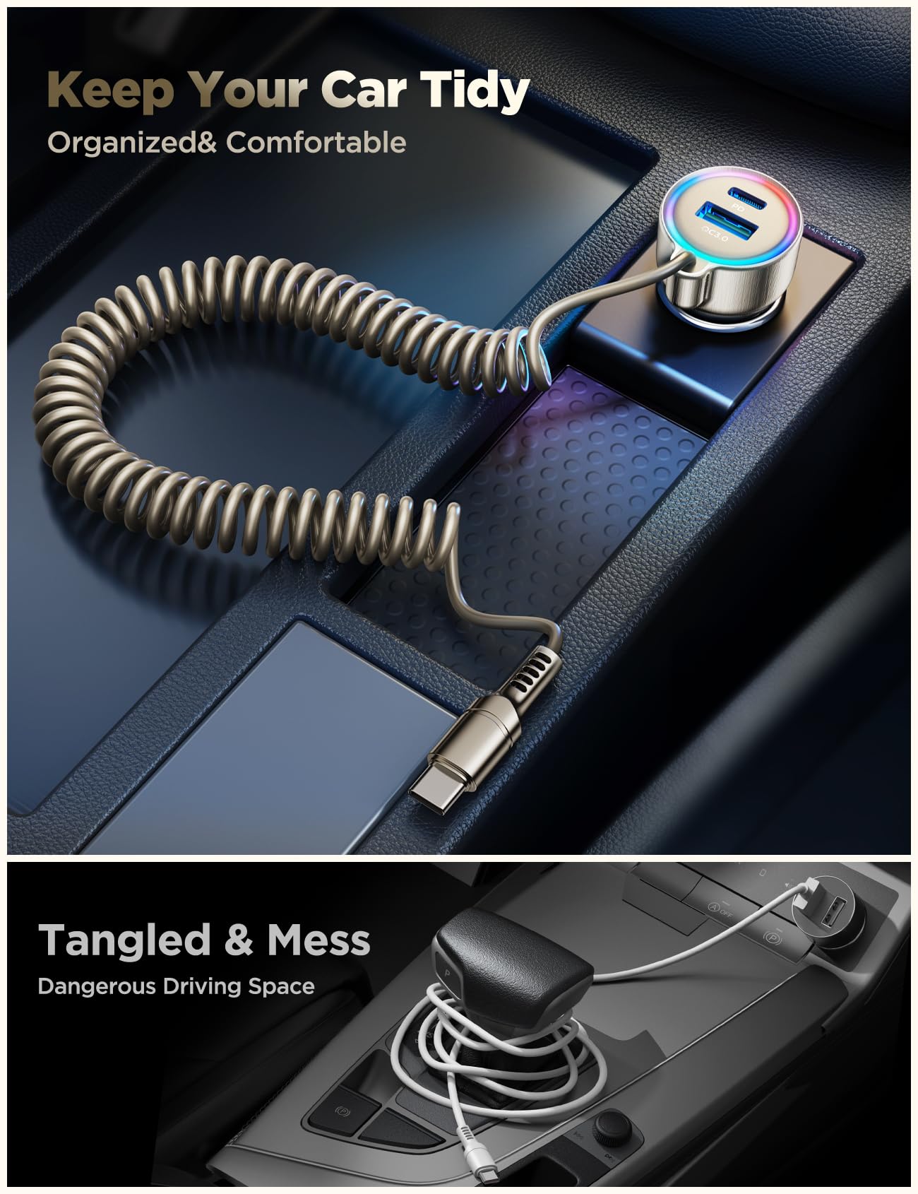 60W USB C Super Fast Car Charger with PD & QC3.0 - 5ft 30W Type C Coiled Cable - Compatible with iPhone 15 Pro Max/Plus, Samsung Galaxy S24/S23/S22, Google Pixel, Moto, LG, Android & iPad Pro - Perfect for Road Trips & Fast Charging on the Go