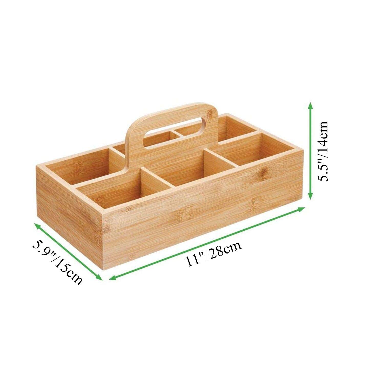 Natural Bamboo Organizer with Handle - 6 Compartments for Kitchen, Bathroom, Cosmetics, Crafts & Office Supplies | Perfect for Home Organization & Storage Solutions
