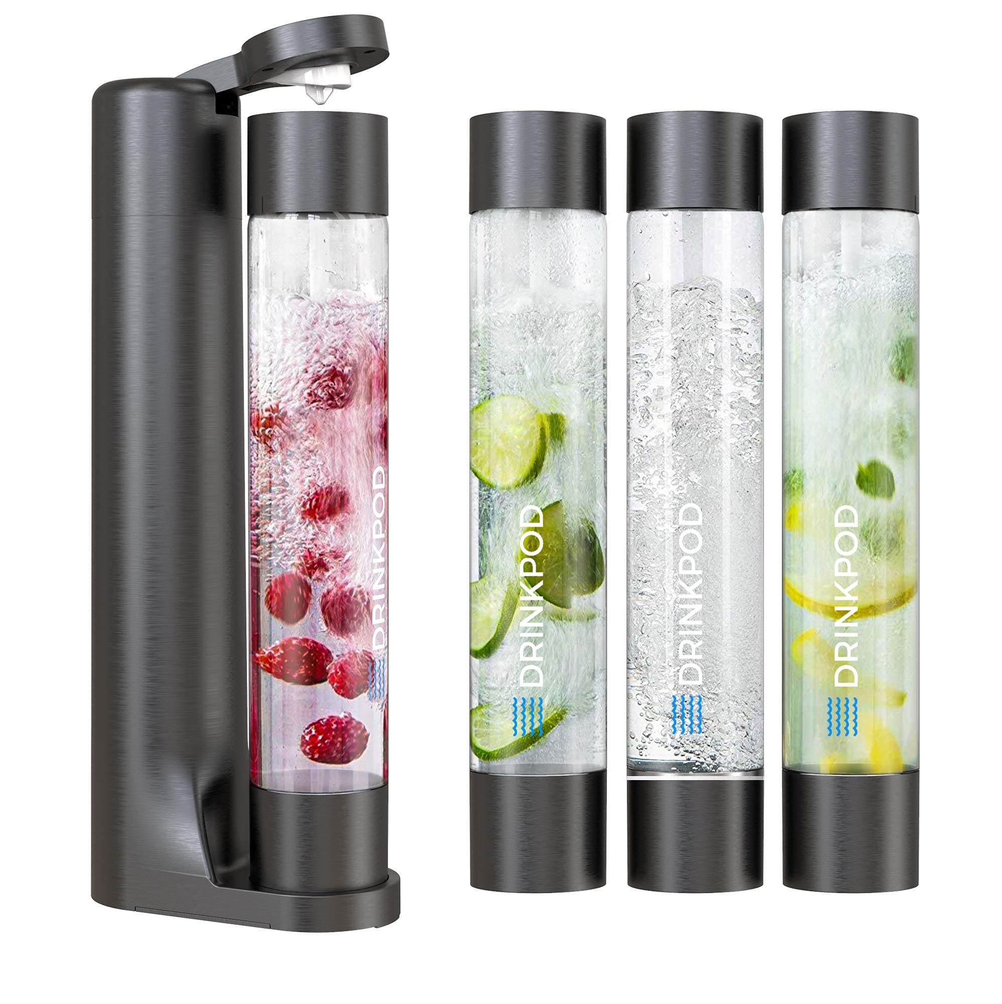 Fizzpod Sparkling Water Maker - Soda Machine with 1L Carbonating Bottle & 3 Extra Bottles, Infused Fruit Carbonation for Homemade Seltzer & Fizzy Drinks | Perfect for Parties, Home Bars & Healthy Hydration