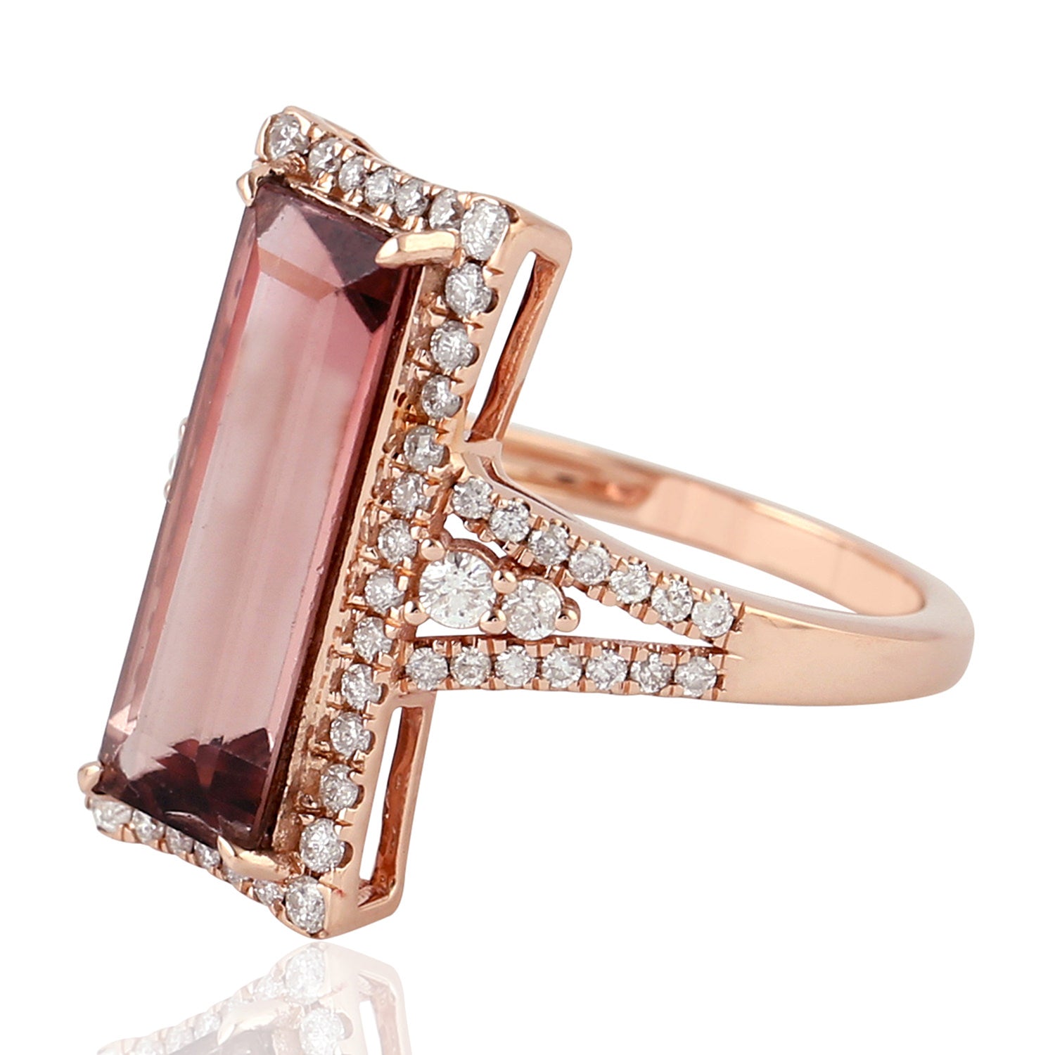 18k Rose Gold Baguette Cut Pink Tourmaline and Diamond Pave Long Ring for Women | Elegant Stackable Statement Jewelry for Weddings, Anniversaries & Special Occasions