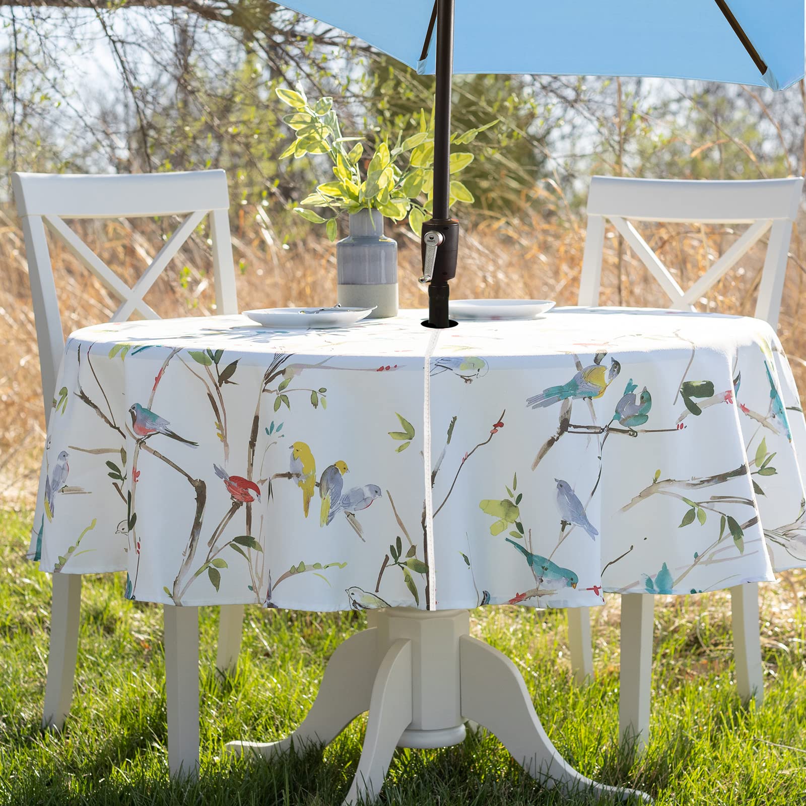 Benson Mills Waterproof Outdoor Tablecloth - Spillproof Round Table Cover with Umbrella Hole for Spring & Summer, 70
