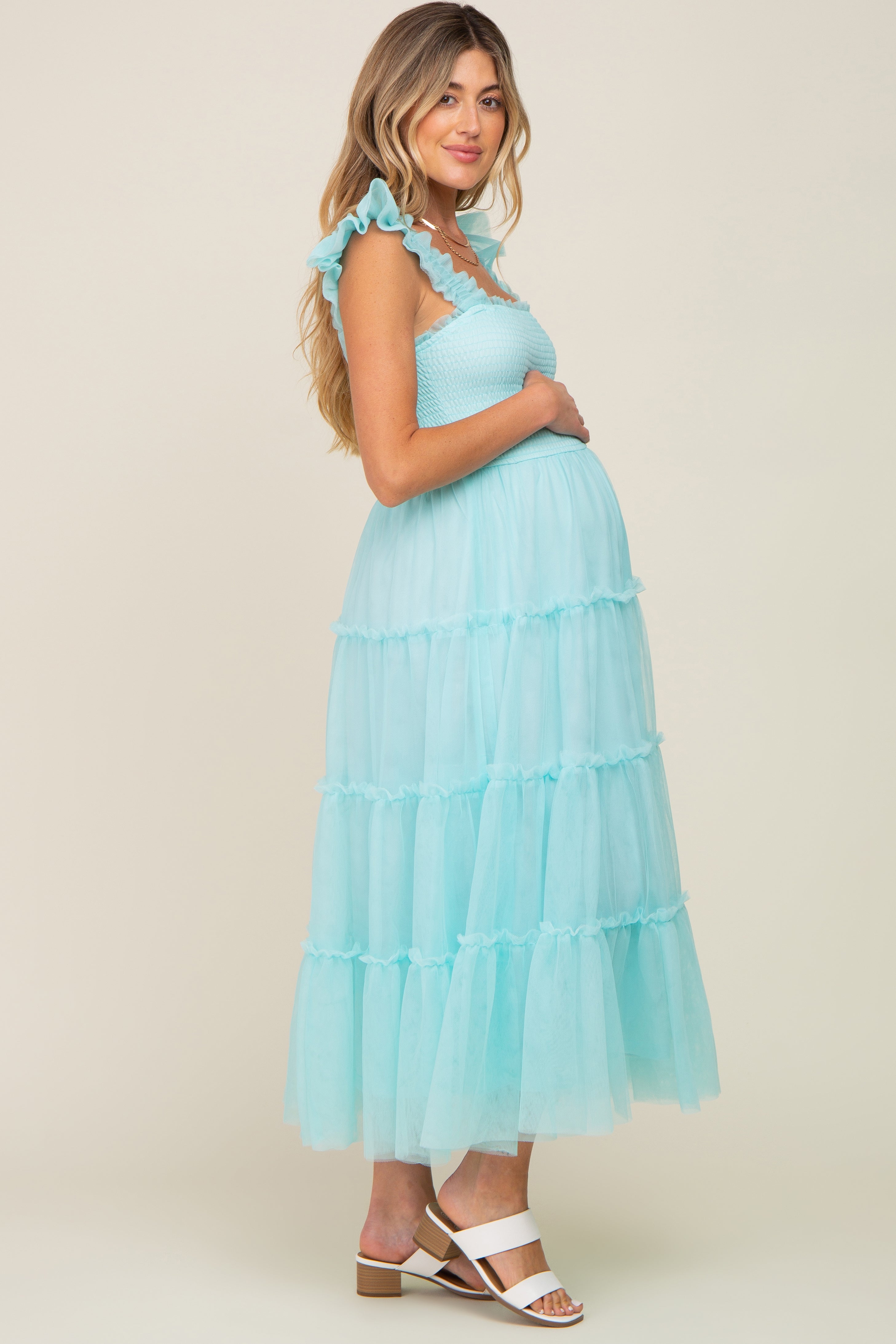 Aqua Smocked Mesh Ruffle Maternity Dress - Flowy Midi Length for Pregnancy, Baby Shower & Special Occasions