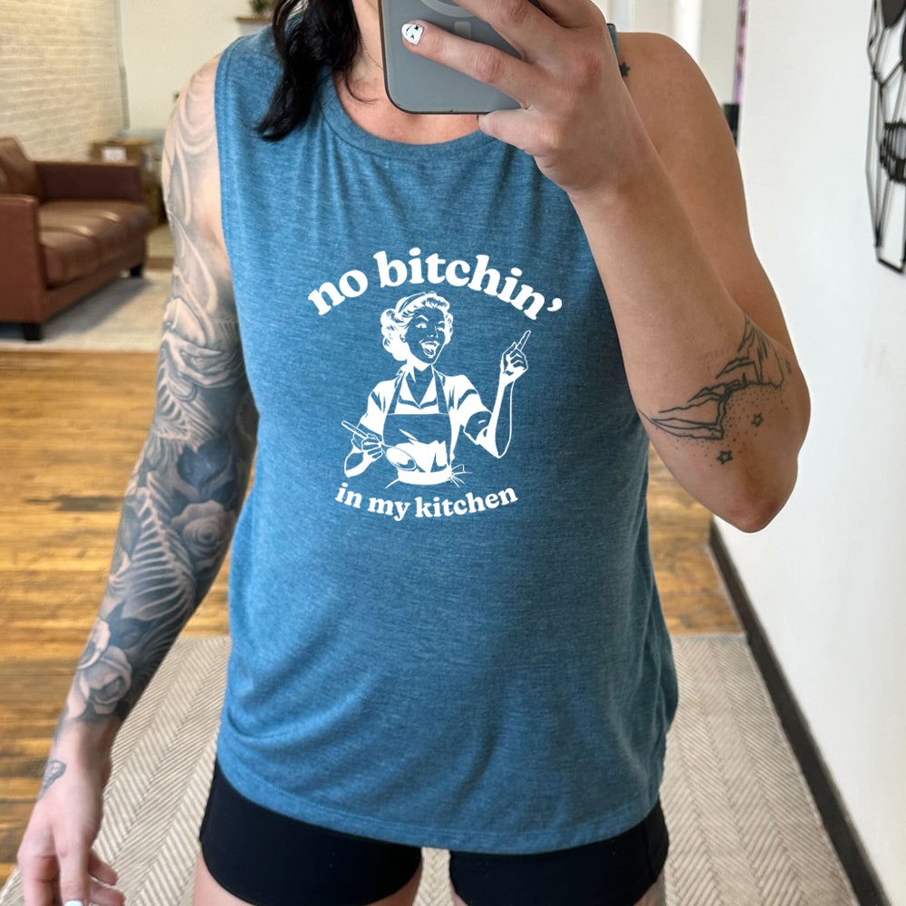 No Bitchin In My Kitchen Sleeveless Muscle Tank Top for Women - Funny Gym Workout Shirt, Fitness Apparel & Casual Summer Outfit