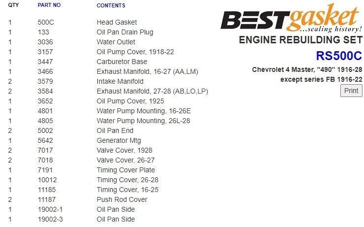 Chevy Master 490 171 Complete Engine Gasket Set - High Performance Copper Head & Manifold Gaskets for 1916-28 Vehicles - Perfect for Classic Car Restoration & Engine Rebuilds