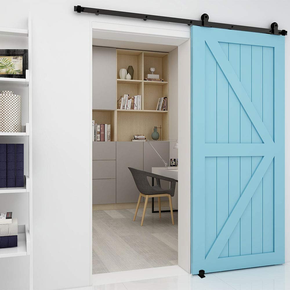 TSMST 6FT Sliding Barn Door Hardware Kit with Adjustable Floor Guide - Top Mount T-Style Track for Wood Doors | Perfect for Bedroom, Closet & Farmhouse Style Homes