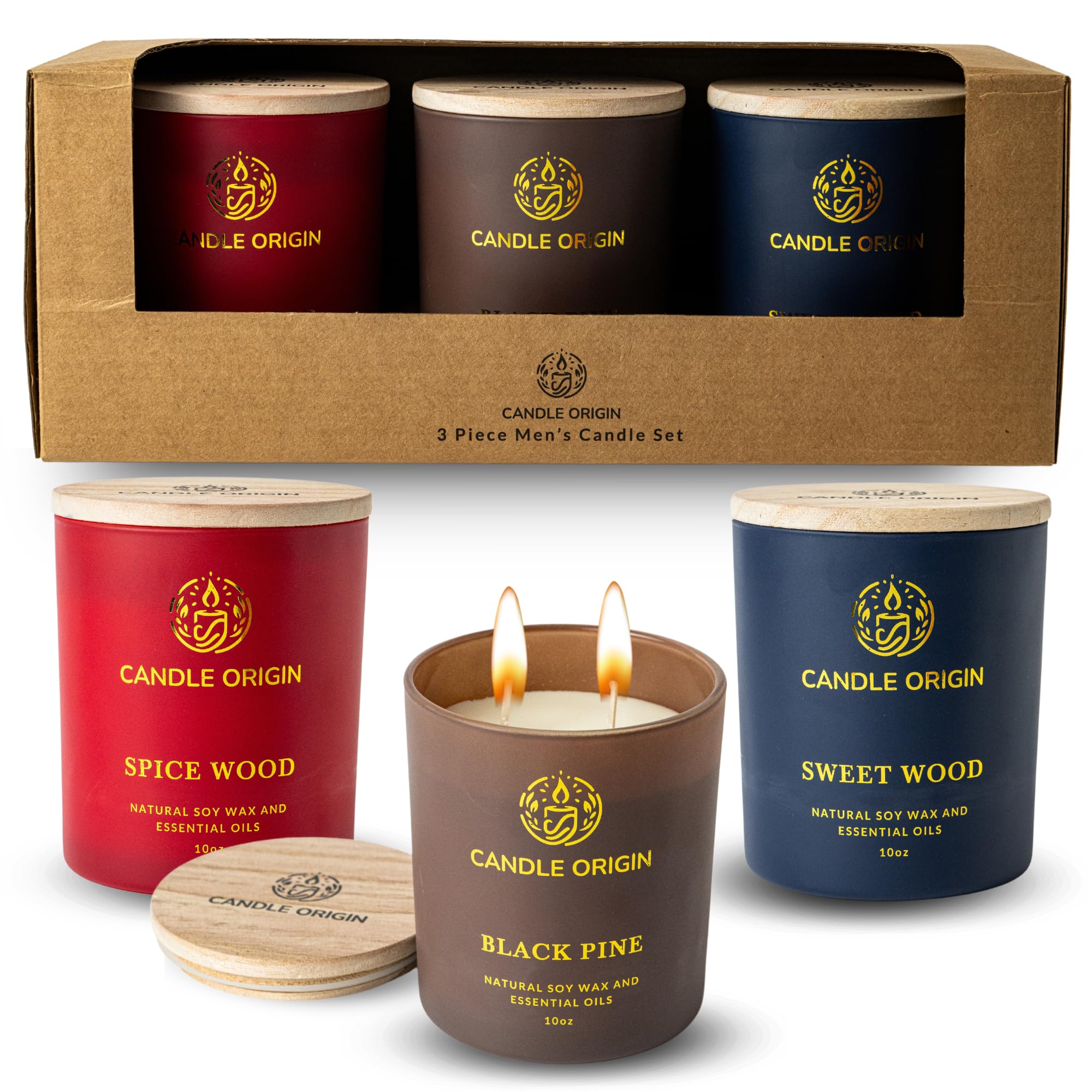 Premium Set of 3 Large 10oz Scented Candles for Men - Aromatherapy Soy Wax Candles with Essential Oils for Home, Office & Gifts - Long Burning Natural Candles for Relaxation, Meditation & Stress Relief