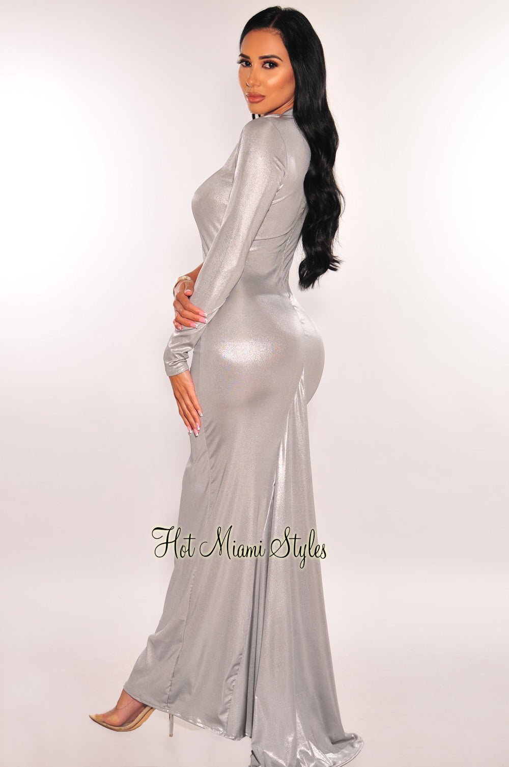 Elegant Silver Chrome Metallic Latex Mock Neck One Sleeve Cut Out Train Gown - Perfect for Evening Galas, Prom Nights & Red Carpet Events