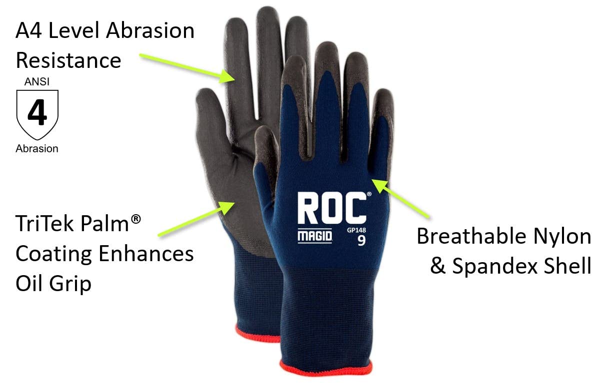**MAGID ROC 15-Gauge Nitrile Palm Coated Work Gloves Size 7/S (3 Pairs) – ANSI Cut Level A1, Oil & Abrasion Resistant, Lightweight & Flexible for Mechanics, Construction, and DIY Projects**