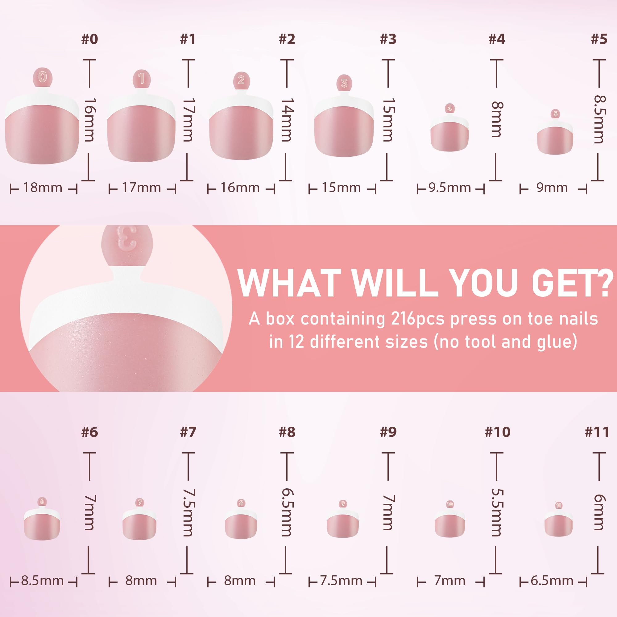 UNA GELLA Peach Pink French Tip Press On Toenails - 216pcs Soft Gel Nail Tips in 12 Sizes | DIY Salon & Home Manicure | Perfect for Pedicures, Parties & Summer Toes