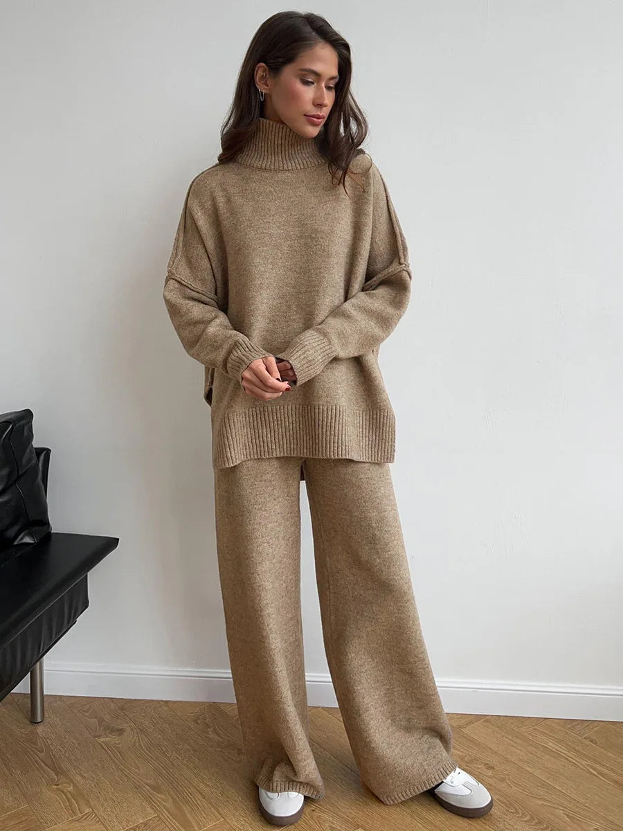 2025 Women's Turtleneck Sweater Set - European & American Style Loose Knit Pullover with Thickened Casual Pants for Autumn Winter | Office Wear, Weekend Outfits, Holiday Fashion