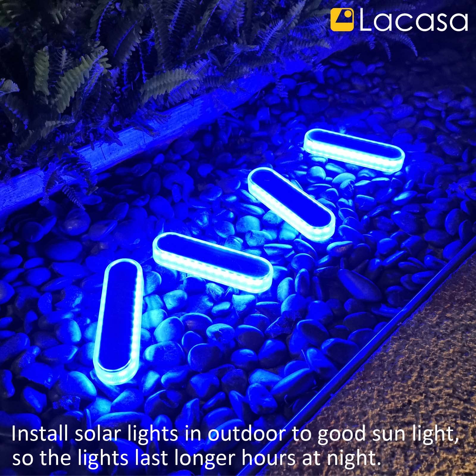 Lacasa Solar Deck Lights 4 Pack - 40LM Waterproof LED Outdoor Step Lights for Garden, Stairs, Driveway & Pathway - IP68 Auto ON/Off Solar Powered Blue Lighting (Perfect for Landscape, Dock & In-Ground Installation)