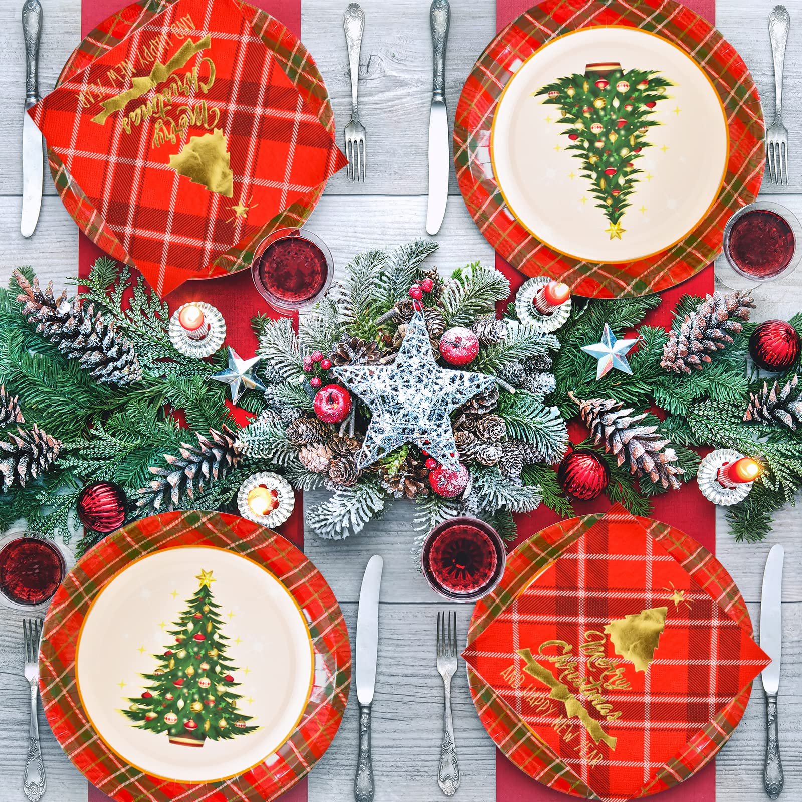 Gatherfun Christmas Party Supplies Set - 50 Disposable Red Plaid Paper Dinner Plates, Dessert Plates & Napkins for Holiday Celebrations | Perfect for Christmas Dinner, Office Parties & Family Gatherings