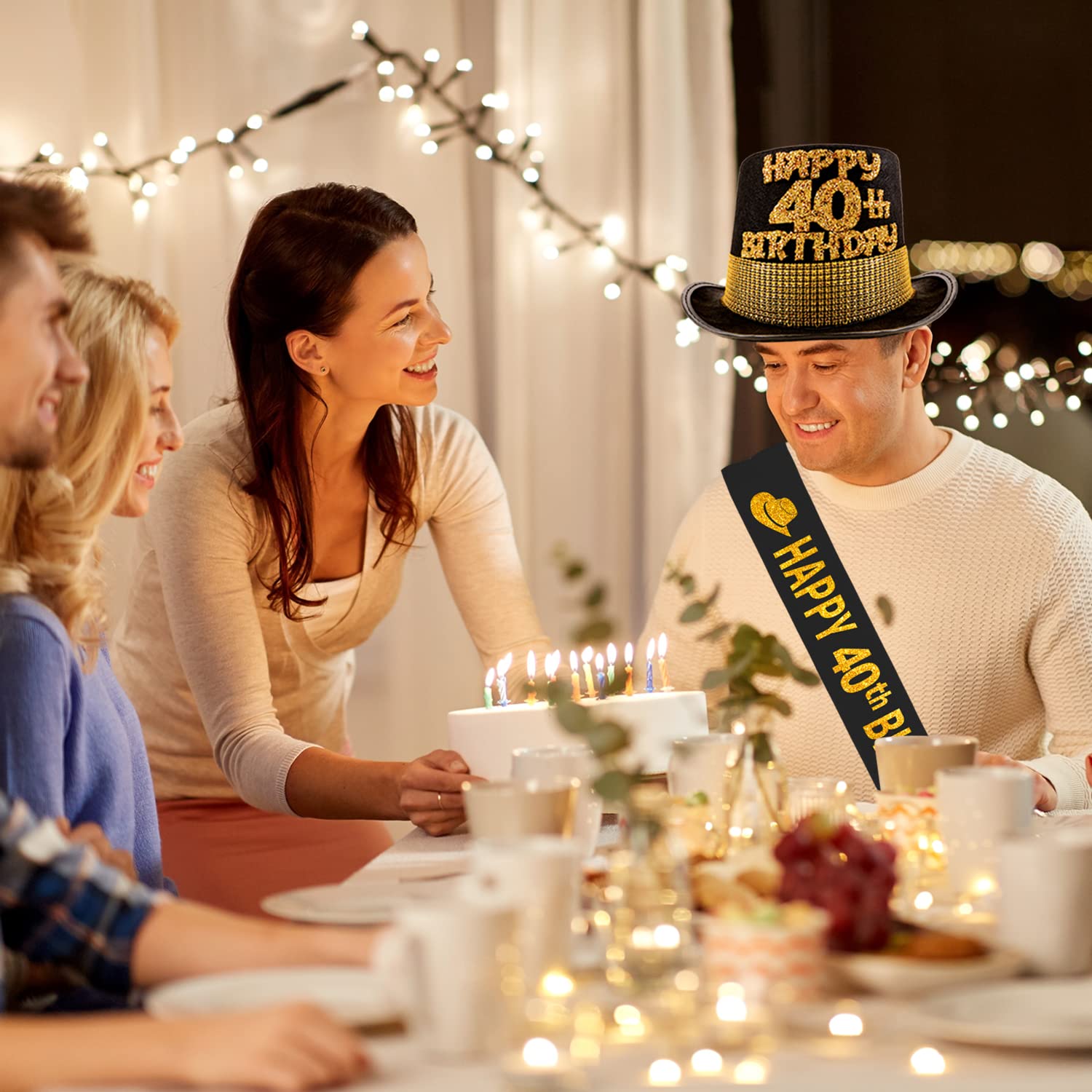 40th Birthday Gifts for Men - Funny 40 Year Old Party Hat & Sash Set - Gold Black Birthday Decorations for Him - Perfect for Milestone Celebrations, Surprise Parties & Photo Booths