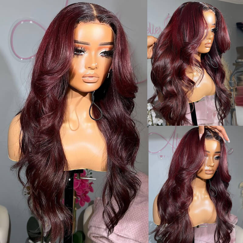 Eullair Pre-Colored Blue 99J Burgundy Layered Cut Body Wave Human Hair Wig with Curtain Bangs | Lace Front Wig for Women | Perfect for Cosplay, Daily Wear & Special Occasions