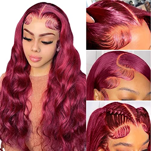 99J Body Wave 13x4 Lace Front Wig - 18 Inch Brazilian Virgin Human Hair Wig with Pre-Plucked Hairline & 150% Density for Black Women | Burgundy Glueless Lace Closure Wig (Includes 5 Free Gifts) - Perfect for Daily Wear, Special Occasions & Protective Styling