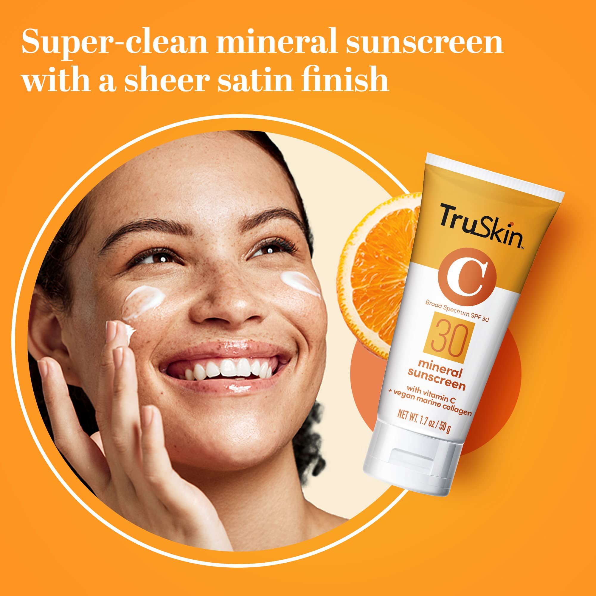 TruSkin Mineral Sunscreen SPF 30 for Face - Broad Spectrum Zinc Oxide Sunscreen with Vitamin C & Vegan Marine Collagen - Lightweight, Non-Greasy SPF for Sensitive Skin - 1.7 fl oz - Perfect for Daily Use, Outdoor Activities & Beach Protection