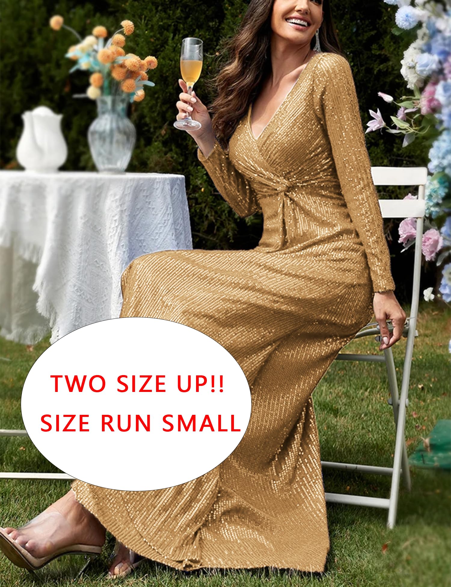 Sparkly Long Sleeve Sequin Evening Gown for Women - Elegant V-Neck Formal Maxi Dress for Prom, Wedding & Holiday Parties